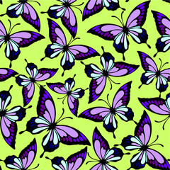 seamless pattern of bright butterflies in purple tones on a light green background, texture, design