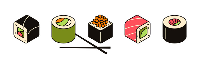 Asian traditional food vector illustration. 3d sushi icon set, seafood, japanese cuisine. Rolls with rice, fish, salmon, avocado and seaweed