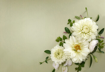 Delicate blooming festive white begonia dahlia flowers, blossoming flower soft pastel background, wedding bouquet floral card, selective focus