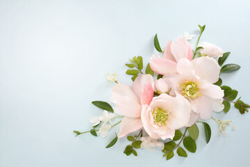 Obraz na płótnie Canvas Delicate blooming festive white begonia and light pink rose flowers, blossoming flower soft pastel background, wedding bouquet floral card, selective focus