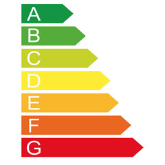 Efficiency energy rating labels, classification, A-G. Flat design element. Isolated png illustration, transparent background. Asset for overlay, montage, collage, presentation. Energy use concept.