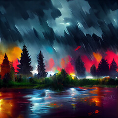 Fototapeta na wymiar A abstract Illustration of a stormy colorful landscape
