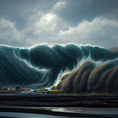 A illustration of a tsunami wave rolling to the cost - obrazy, fototapety, plakaty