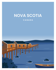 Nova Scotia landscape background. Travel to Nova Scotia Canada. cartoon vector illustration with colored style. - obrazy, fototapety, plakaty