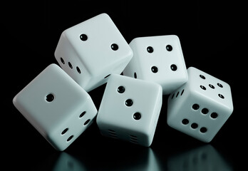 Close-up of white dices on a black background. 3D minimal template. Conceptual design 