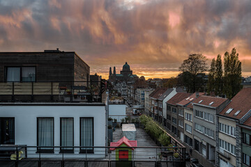 Brussels Capital Region - Belgium -  Panoramic view over the Brussels skyline during sunset with warm tones