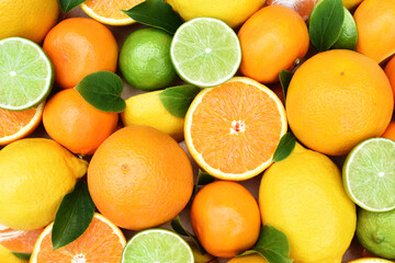 Colorful bright background of fresh ripe sweet citrus fruits: orange and tangerine, green lime and yellow lemon