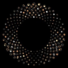 Glare sequins mosaic round shape on black background isolated. Sparkling dots repeat circles abstract textured pattern.