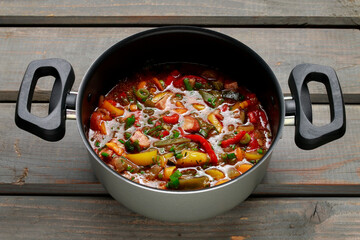 A big pot of goulash soup.