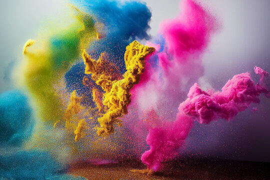 3d Illustration Of Colorful Indian Holi Festival Powder Explosion On Gray Background