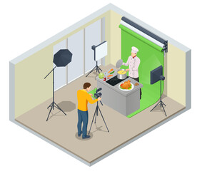 Isometric Chef Cook Recording Video On Camera at Kitchen. Chief In White Uniform Blogger, Food Blogger or Cooking Video Blog Concept. Online Cooking Chef Courses.