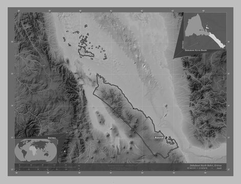 Debubawi Keyih Bahri, Eritrea. Grayscale. Labelled points of cities