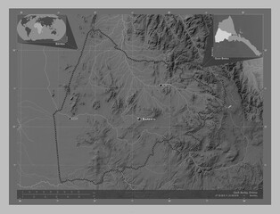 Gash Barka, Eritrea. Grayscale. Labelled points of cities