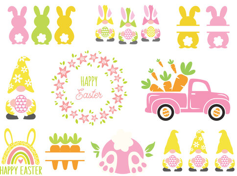 Cute Easter Svg Bundle. Easter gnomes vector illustration isolated on white background. Easter clipart - carrot truck, bunny split, floral sign, rainbow, bunny tail. Spring kids shirt design