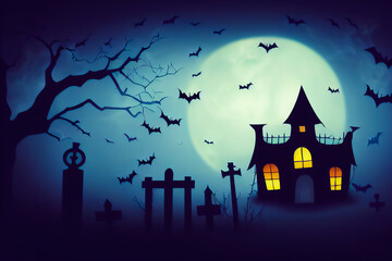 Halloween drawing with a graveyard, a night house and a gloomy and terrifying atmosphere