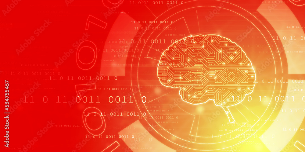 Poster 2d illustration concept of thinking, background with brain, abstract artificial intelligence. techno