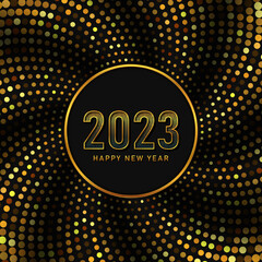 Fototapeta na wymiar Happy New Year 2023 greeting card. Swirl effect. Gold glitter halftone background