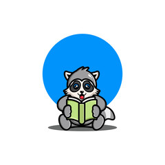 Cute raccoon reading book cartoon icon illustration