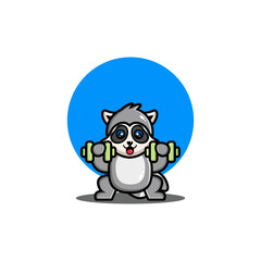Cute raccoon lifting dumbbell cartoon