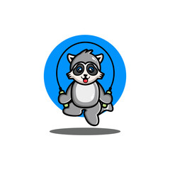 Cute raccoon play jump rope cartoon vector 