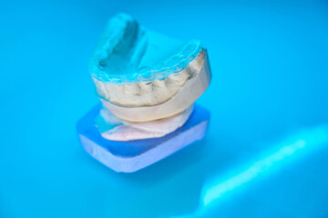 Obraz na płótnie Canvas Photo of transparent orthodontic cap lying on cast of jaw