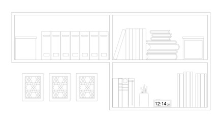 
Graphic illustration of an open bookshelf and some other decorations such as a flower pot on it. Drawn with CAD and in black and white.