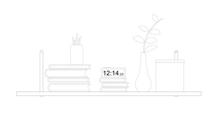 
Graphic illustration of an open bookshelf and some other decorations such as a flower pot on it. Drawn with CAD and in black and white.