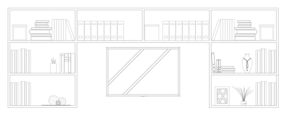 
Graphic illustration of an open bookshelf and some other decorations such as a flower pot on it. Drawn with CAD and in black and white.