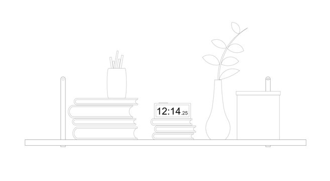  Graphic illustration of an open bookshelf and some other decorations such as a flower pot on it. Drawn with CAD and in black and white. © Aisyaqilumar