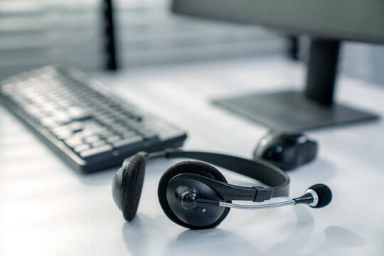 Essential equipment concept for competent online operators, call service agents, or online working. Customer service equipment, as well as helpdesk tools.