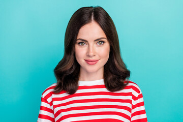 Fototapeta premium Closeup photo of young adorable attractive pretty woman wear striped red t-shirt positive confident employer isolated on cyan color background