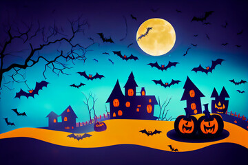 Halloween drawing with haunted witch house, dark blue sky, and orange pumpkins decoration