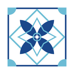 Square with geometric ornaments. Blue tile.