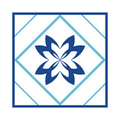 Square with geometric ornaments. Blue tile.