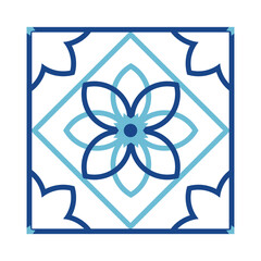 Square with geometric ornaments. Blue tile.