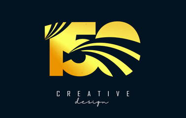 Golden Creative number 150 logo with leading lines and road concept design. Number with geometric design.