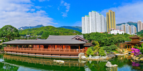 View of the classic Chinese temple in Hong Kong city.