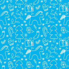 Seamless doodle pattern with Christmas and New Year characters in white and light blue colors. Vector
