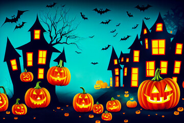 Halloween drawing to terrify children with many pumpkins and witch decor and bats