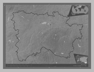 Voru, Estonia. Grayscale. Labelled points of cities