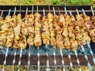 Cooking shish kebab on grill. Process of cooking meat in grill. Barbecue. Close-up. Selective focus.