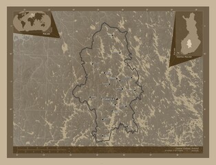 Central Finland, Finland. Sepia. Labelled points of cities