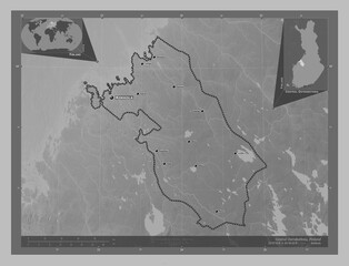 Central Ostrobothnia, Finland. Grayscale. Labelled points of cities