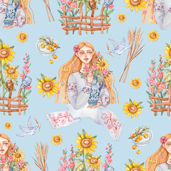 Seamless pattern with a Ukrainian woman in a traditional embroidered shirt with a jug with flowers in her hands and other Ukrainian attributes painted in watercolor.