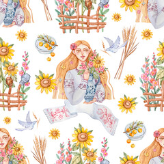 Obraz na płótnie Canvas Seamless pattern with a Ukrainian woman in a traditional embroidered shirt with a jug with flowers in her hands and other Ukrainian attributes painted in watercolor.