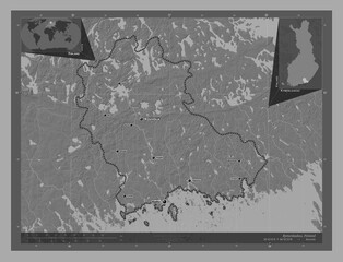 Kymenlaakso, Finland. Bilevel. Labelled points of cities