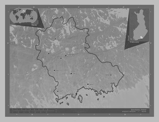 Kymenlaakso, Finland. Grayscale. Labelled points of cities