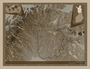 Lapland, Finland. Sepia. Labelled points of cities