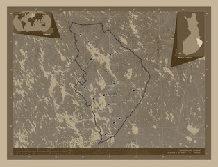 North Karelia, Finland. Sepia. Labelled points of cities