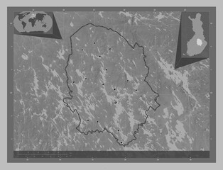 North Savonia, Finland. Grayscale. Major cities